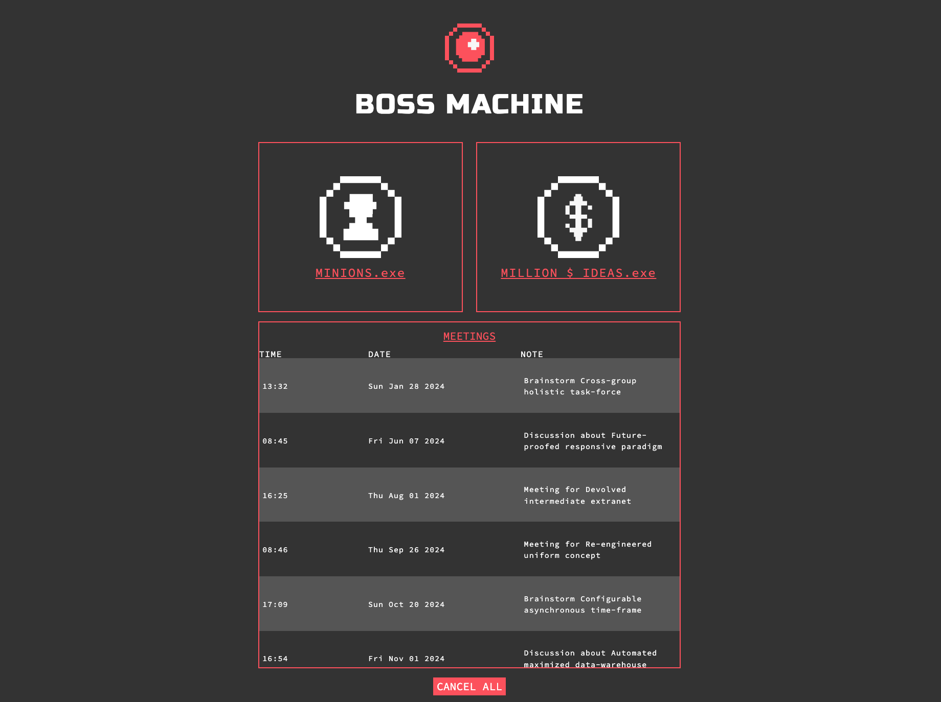 Image of the Boss Machine homescreen.